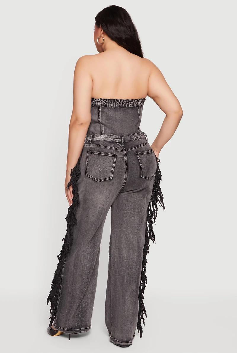 Plus Side Fringe Strapless Denim Jumpsuit