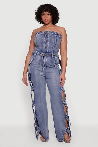 Plus Side Caged Cut Out Strapless Denim Jumpsuit