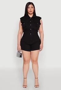 Womens Plus Daisy Cargo Pocket Denim Romper,