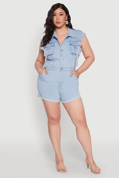 Womens Plus Size Daisy Cargo Pocket Denim Romper, Blue, Size 3X