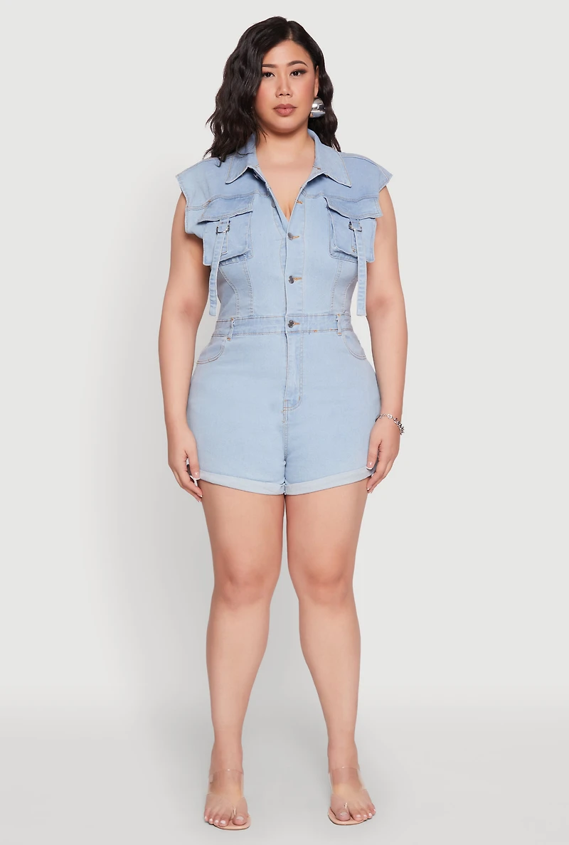 Womens Plus Size Daisy Cargo Pocket Denim Romper, Blue, Size 2X