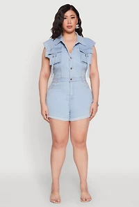 Womens Plus Size Daisy Cargo Pocket Denim Romper, Blue, Size 2X