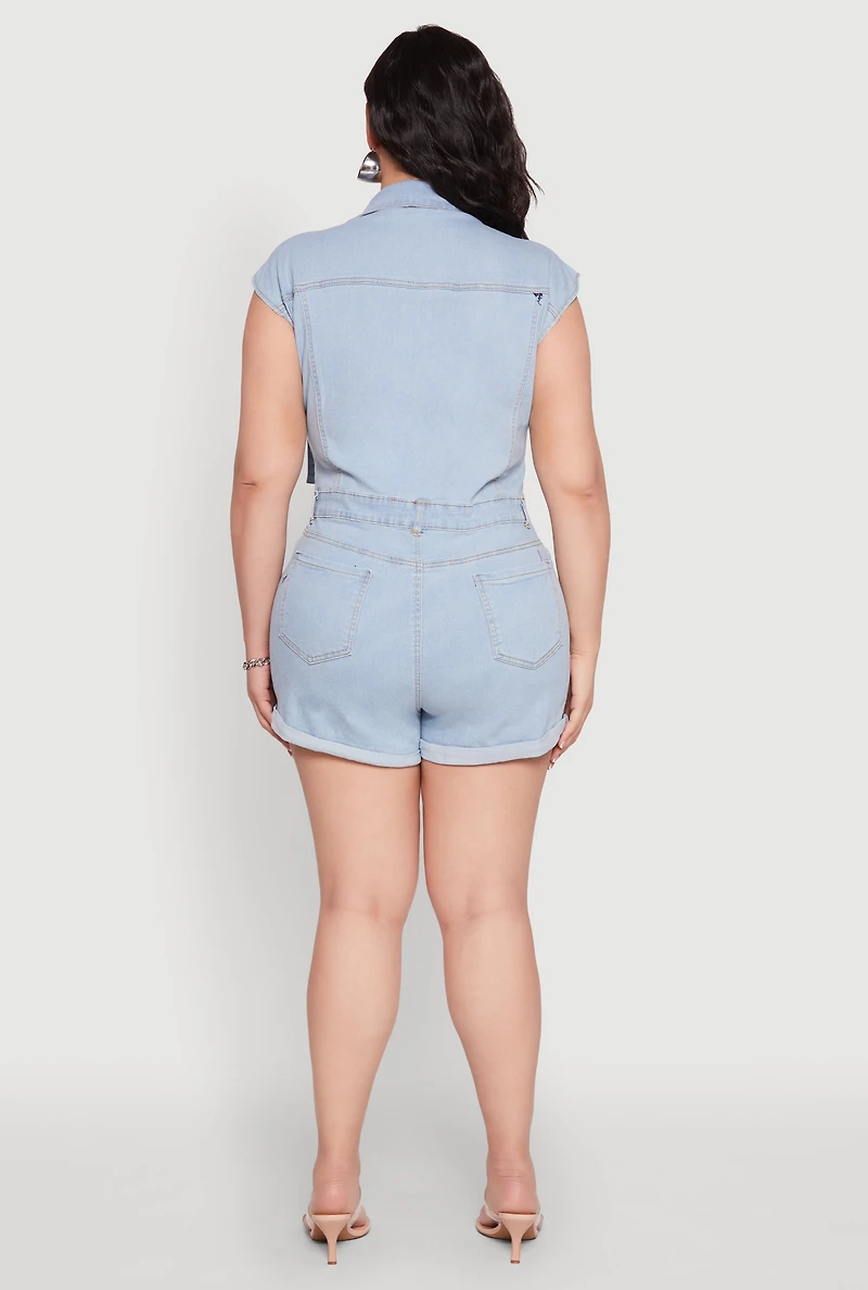 Womens Plus Size Daisy Cargo Pocket Denim Romper, Blue, Size 2X