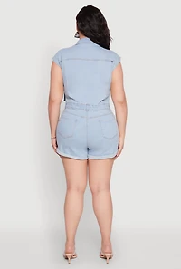 Womens Plus Size Daisy Cargo Pocket Denim Romper, Blue, Size 2X