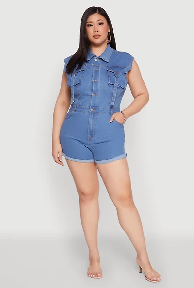 Womens Plus Size Daisy Cargo Pocket Denim Romper, Blue, Size 3X
