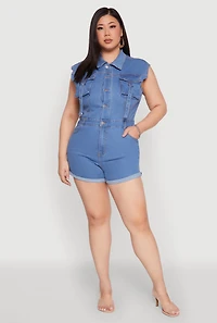 Womens Plus Size Daisy Cargo Pocket Denim Romper, Blue, Size 3X