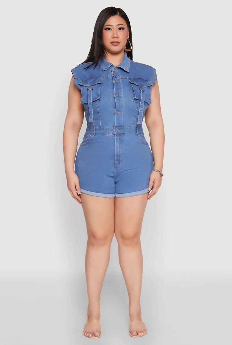 Womens Plus Daisy Cargo Pocket Denim Romper, Blue,