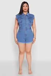 Womens Plus Daisy Cargo Pocket Denim Romper, Blue,