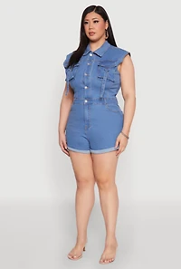 Womens Plus Daisy Cargo Pocket Denim Romper, Blue,