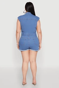 Womens Plus Daisy Cargo Pocket Denim Romper, Blue,