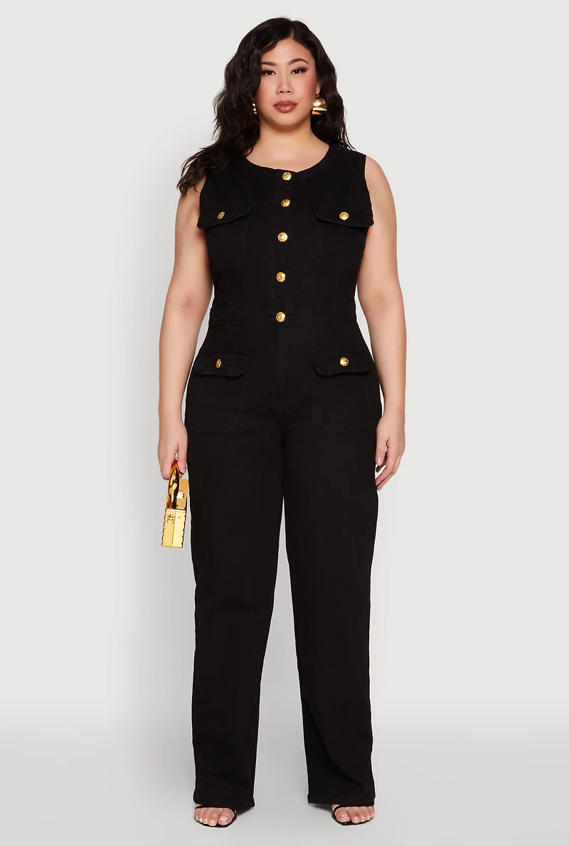 Plus Daisy Sleeveless Button Front Denim Jumpsuit