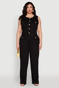 Plus Daisy Sleeveless Button Front Denim Jumpsuit