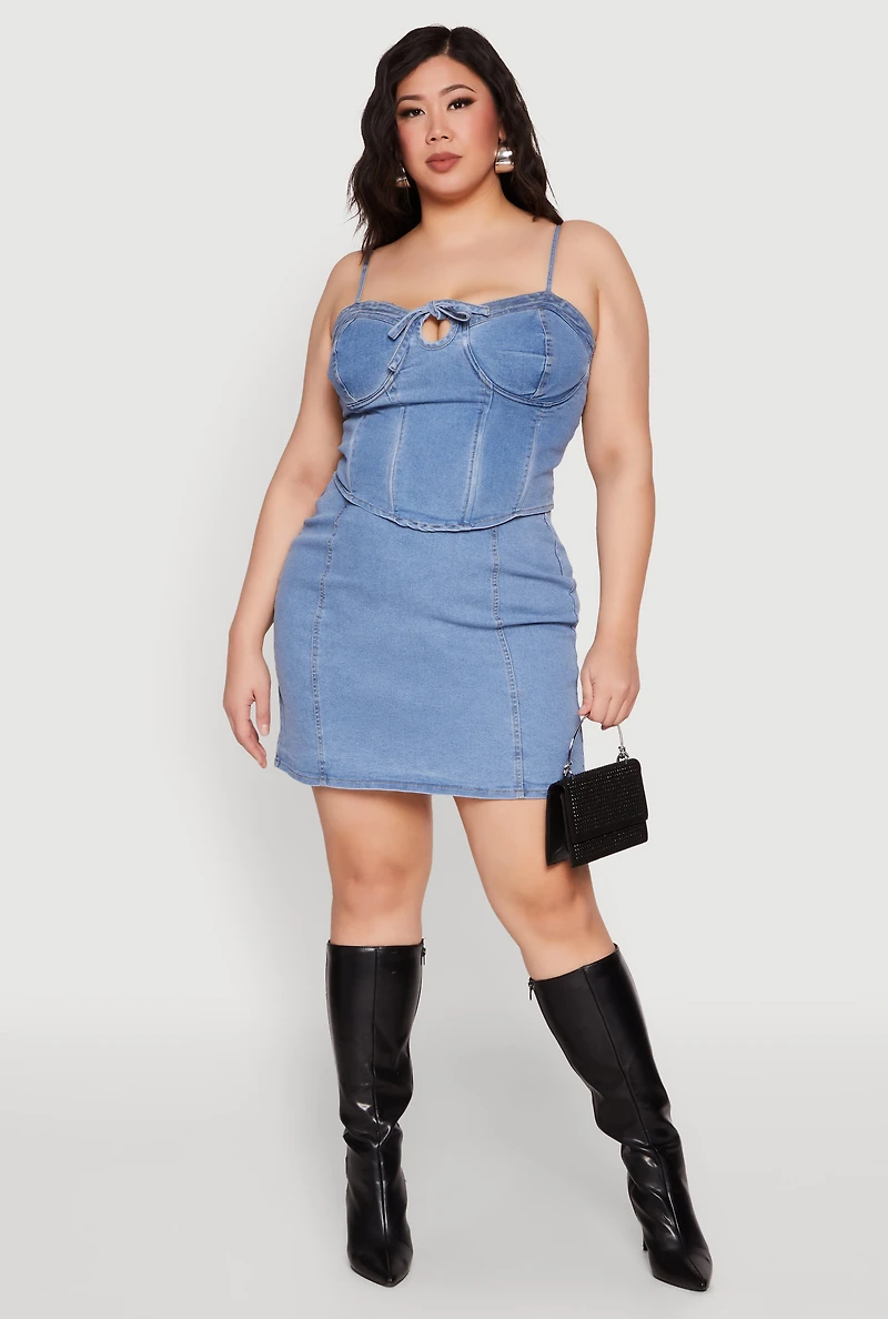 Womens Plus Zip Back Denim Mini Skirt, Blue,