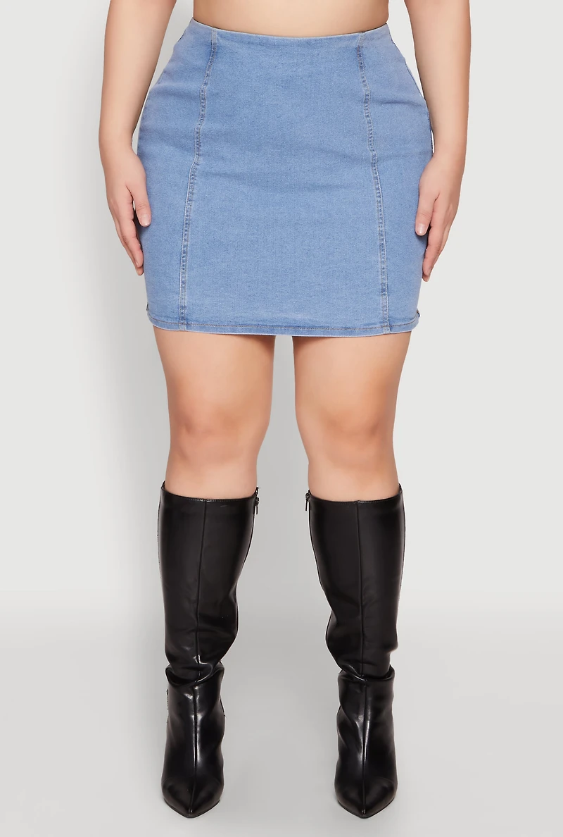 Womens Plus Size Zip Back Denim Mini Skirt, Blue, Size 2X