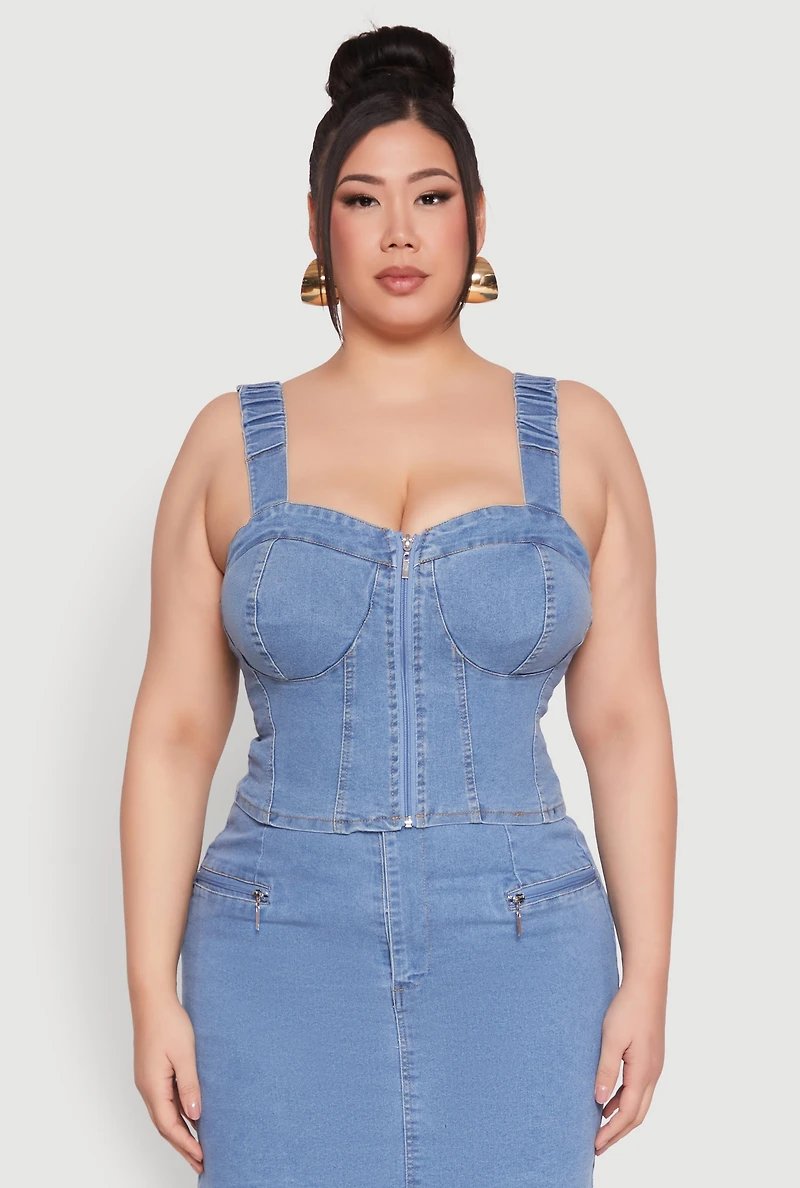 Plus Denim Zip Front Bustier Top