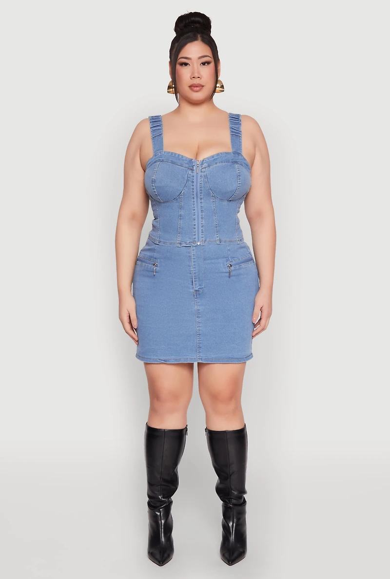 Womens Plus Size Denim Zip Front Mini Skirt, Blue, Size 3X