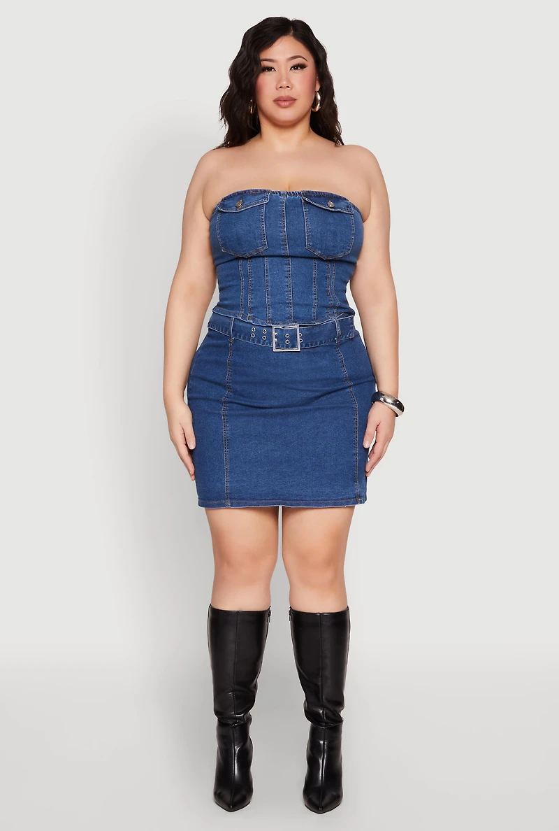 Plus Zip Back Belted Front Denim Mini Skirt