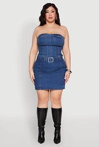 Plus Zip Back Belted Front Denim Mini Skirt