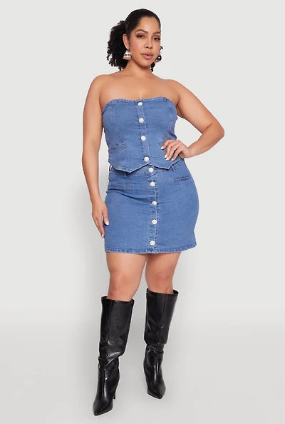 Womens Plus Size Button Front Denim Mini Skirt, Blue, Size 3X