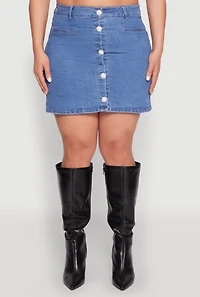 Womens Plus Size Button Front Denim Mini Skirt, Blue, Size 3X