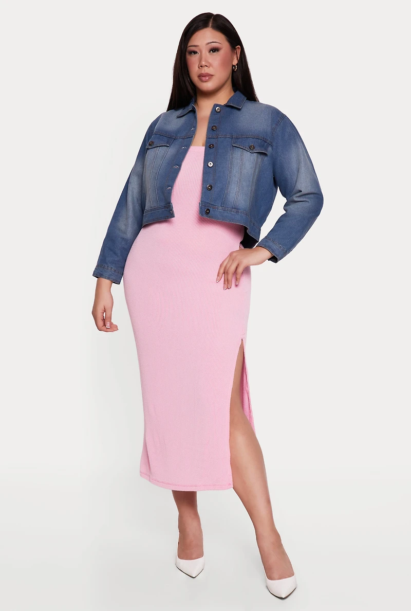 Plus Stone Wash Denim Cropped Button Front Jacket