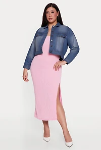 Plus Stone Wash Denim Cropped Button Front Jacket
