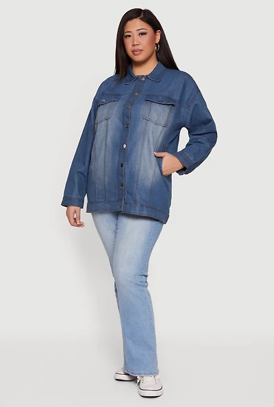 Plus Long Sleeve Button Front Denim Jacket