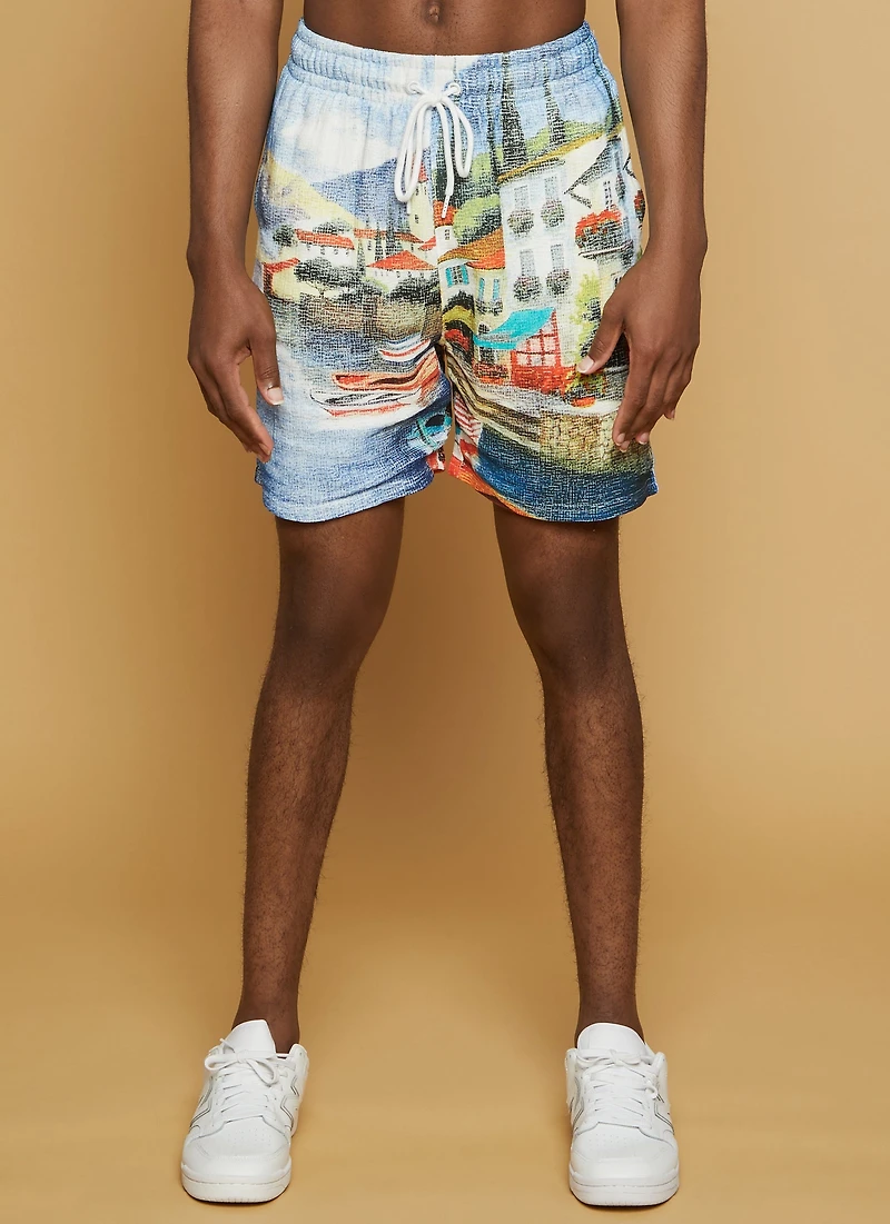 Mens Textured Knit Vacation Print Shorts