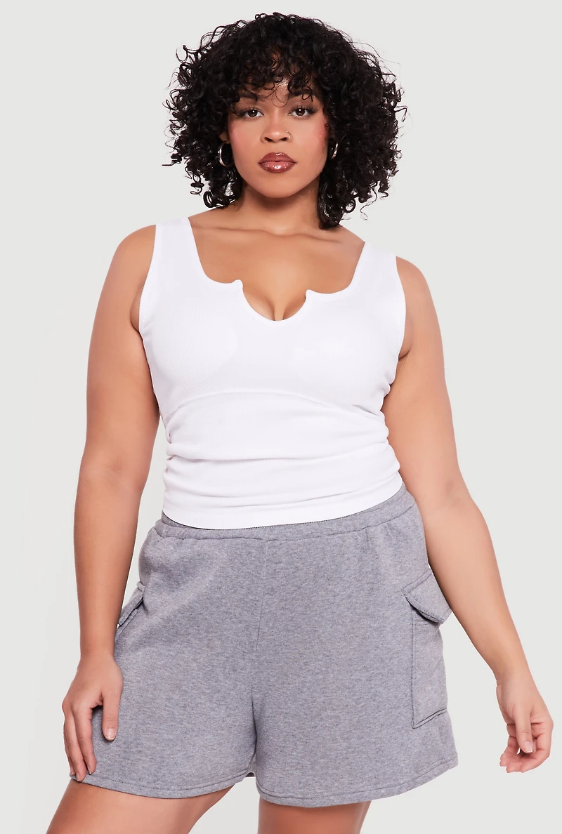 Plus Rib Knit Notch Neck Tank Top