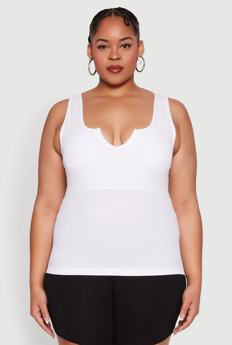 Womens Plus Size Seamless Notch Neck Tank Top, White, Size 2X-3X