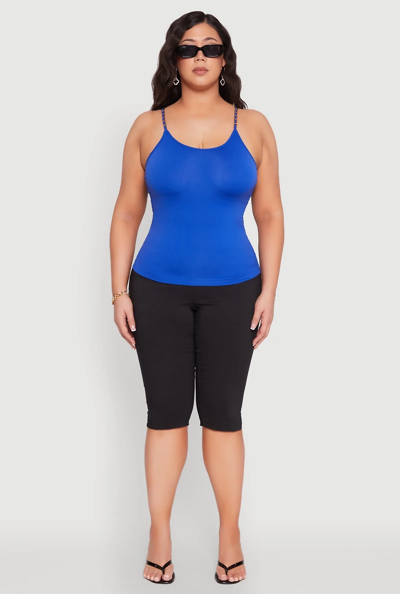 Womens Plus Size Seamless Metallic Chain Strap Cami, Blue, Size 2X-3X