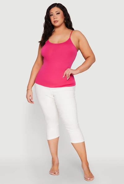 Womens Plus Size Seamless Metallic Chain Strap Cami, Pink, Size 1X-2X