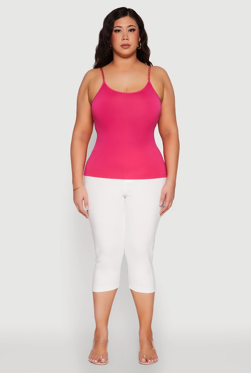 Womens Plus Size Seamless Metallic Chain Strap Cami, Pink, Size 2X-3X