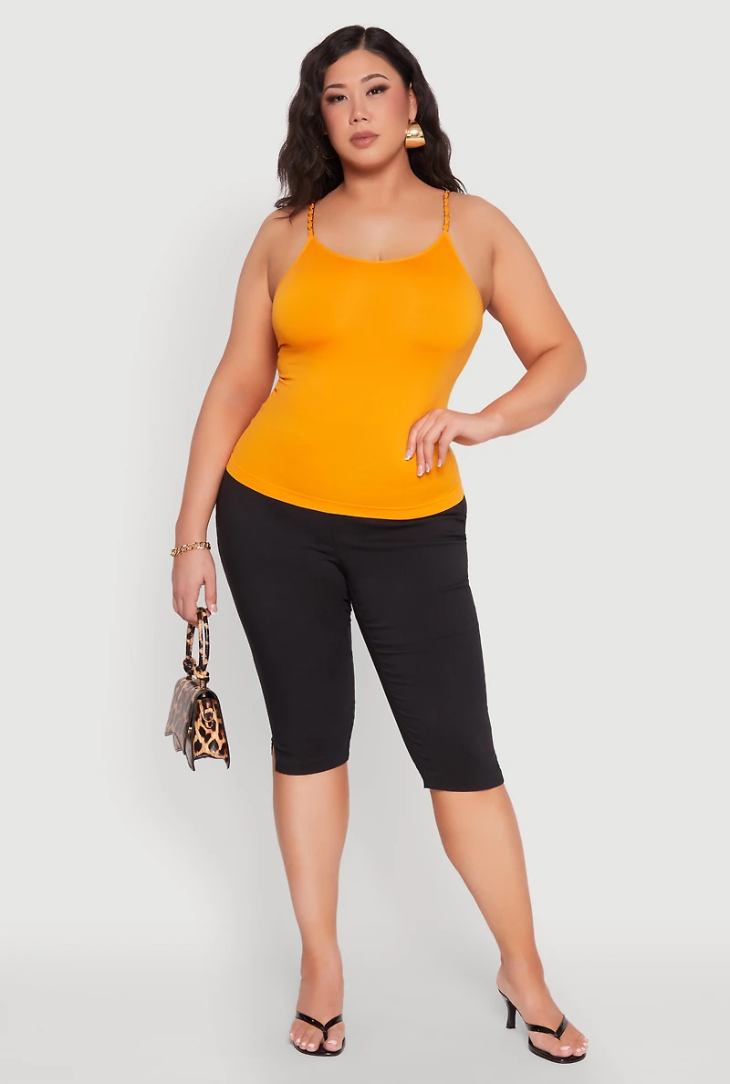 Womens Plus Size Seamless Metallic Chain Strap Cami, Yellow, Size 1X-2X