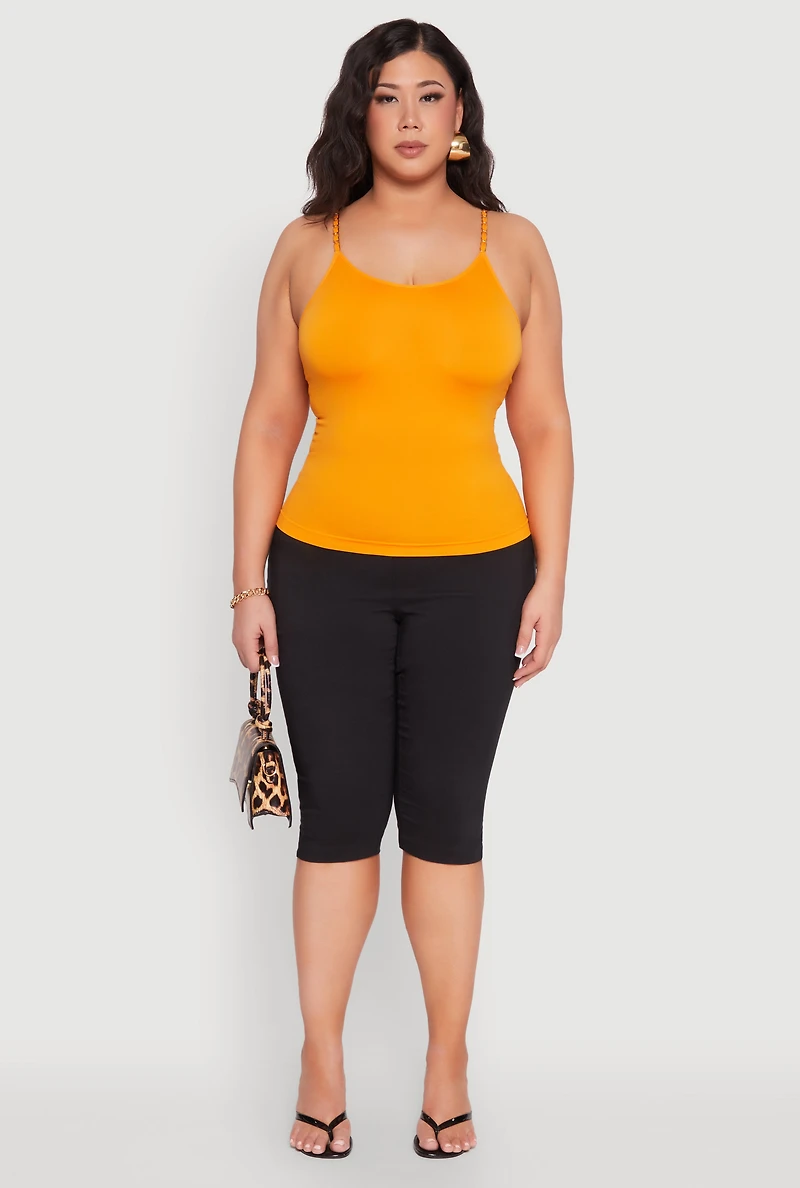 Womens Plus Size Seamless Metallic Chain Strap Cami, Yellow, Size 1X-2X