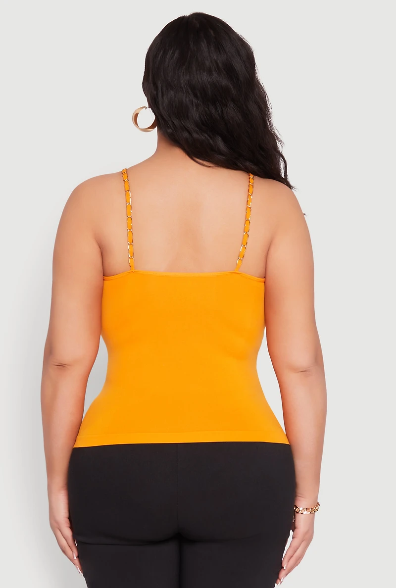 Womens Plus Size Seamless Metallic Chain Strap Cami, Yellow, Size 1X-2X