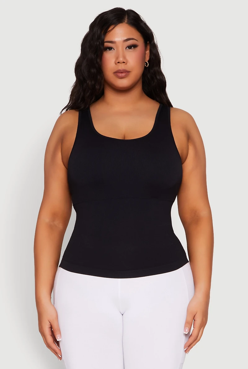 Womens Plus Size Seamless Scoop Neck Shelf Bra Tank Top, Black, Size 1X-2X