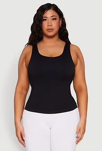 Womens Plus Size Seamless Scoop Neck Shelf Bra Tank Top, Black, Size 1X-2X