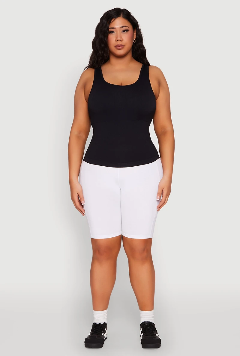 Womens Plus Size Seamless Scoop Neck Shelf Bra Tank Top, Black, Size 1X-2X
