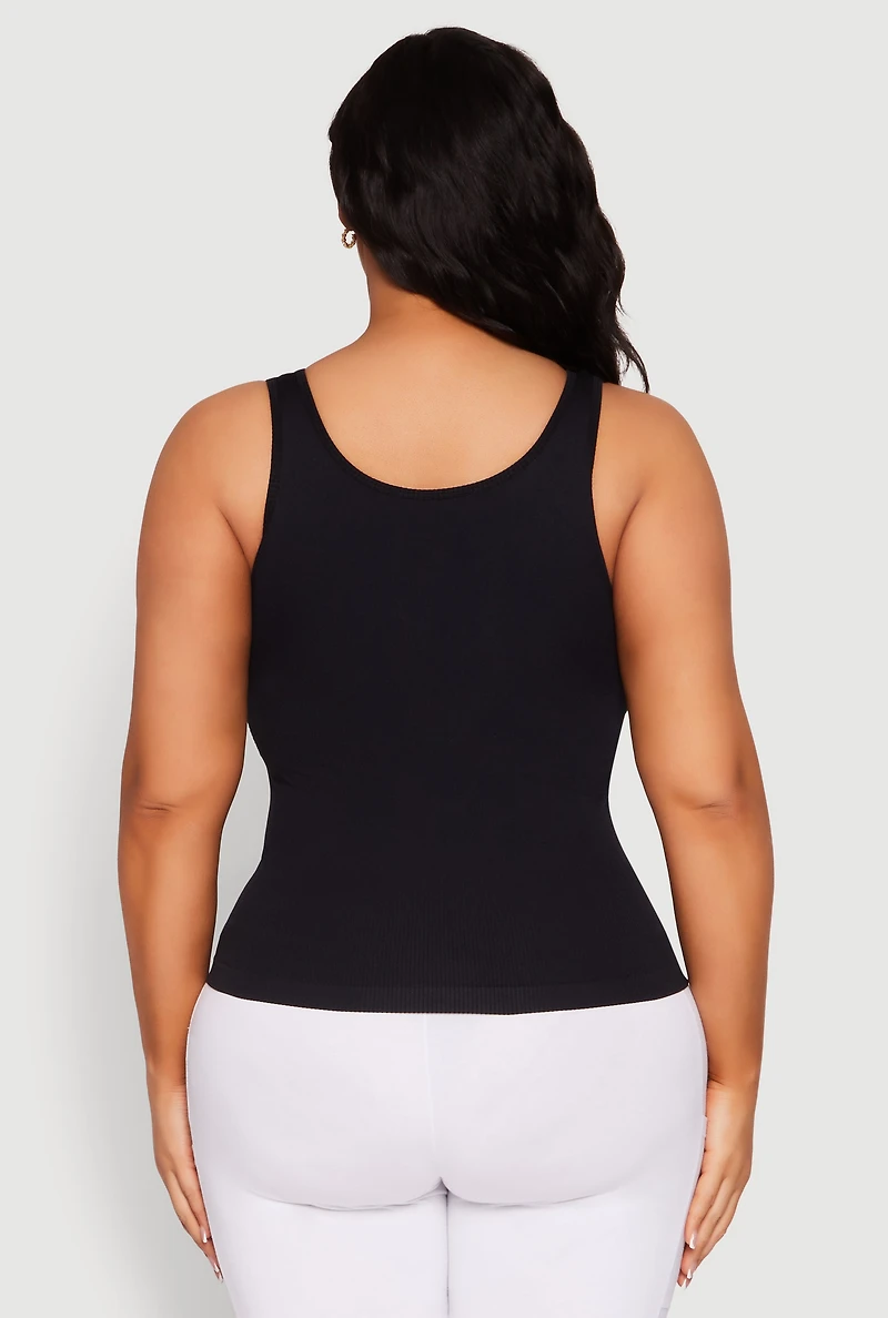 Womens Plus Size Seamless Scoop Neck Shelf Bra Tank Top, Black, Size 1X-2X