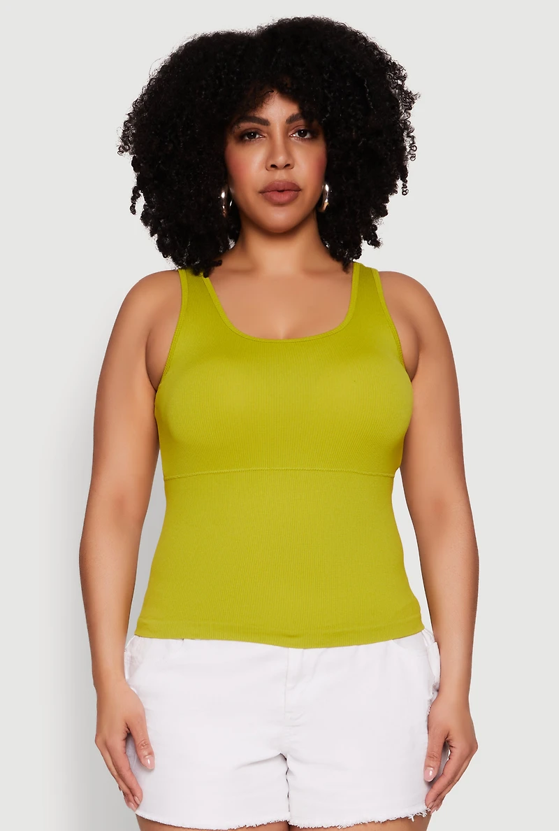 Womens Plus Size Seamless Scoop Neck Shelf Bra Tank Top, Green, Size 2X-3X