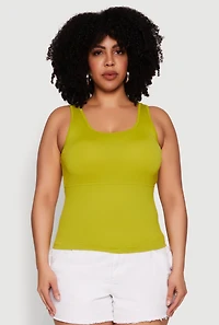 Womens Plus Size Seamless Scoop Neck Shelf Bra Tank Top, Green, Size 2X-3X