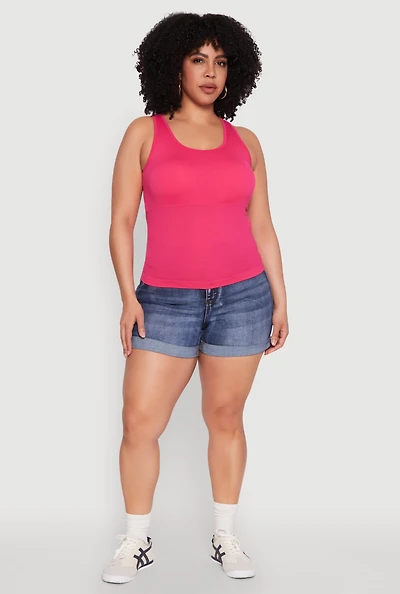 Womens Plus Size Seamless Scoop Neck Shelf Bra Tank Top, Pink, Size 1X-2X