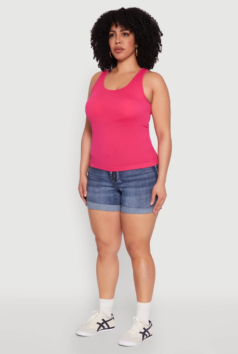Womens Plus Size Seamless Scoop Neck Shelf Bra Tank Top, Pink, Size 1X-2X
