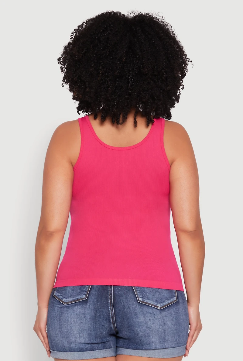 Womens Plus Size Seamless Scoop Neck Shelf Bra Tank Top, Pink, Size 1X-2X