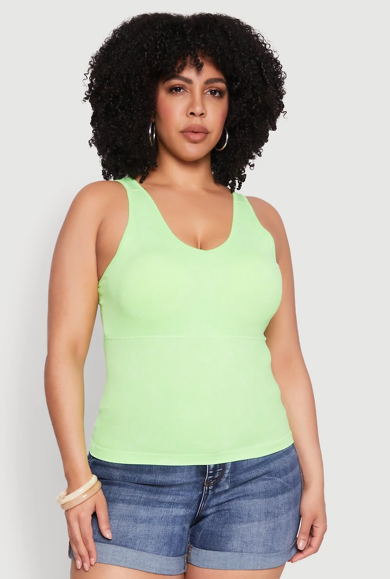 Womens Plus Size Seamless Mineral Wash Shelf Bra Tank Top, Green, Size 2X-3X
