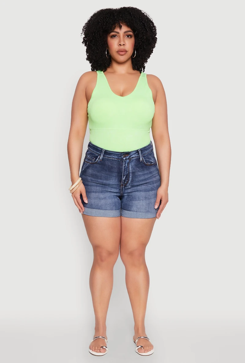 Womens Plus Size Seamless Mineral Wash Shelf Bra Tank Top, Green, Size 2X-3X