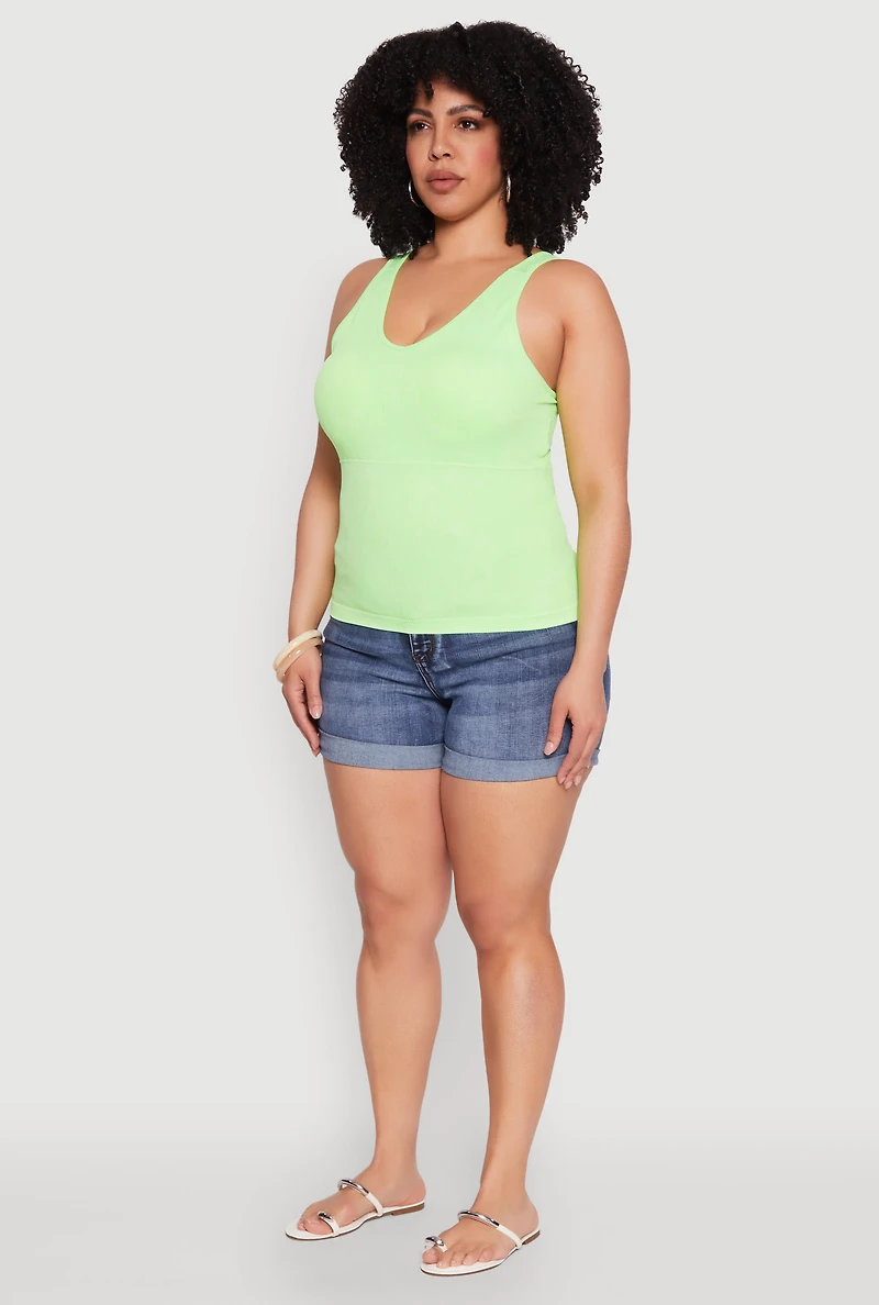 Womens Plus Size Seamless Mineral Wash Shelf Bra Tank Top, Green, Size 2X-3X