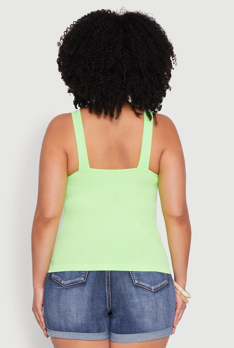 Womens Plus Size Seamless Mineral Wash Shelf Bra Tank Top, Green, Size 2X-3X