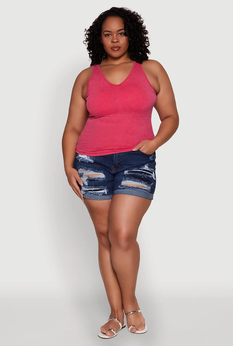 Womens Plus Size Seamless Mineral Wash Shelf Bra Tank Top, Pink, Size 1X-2X